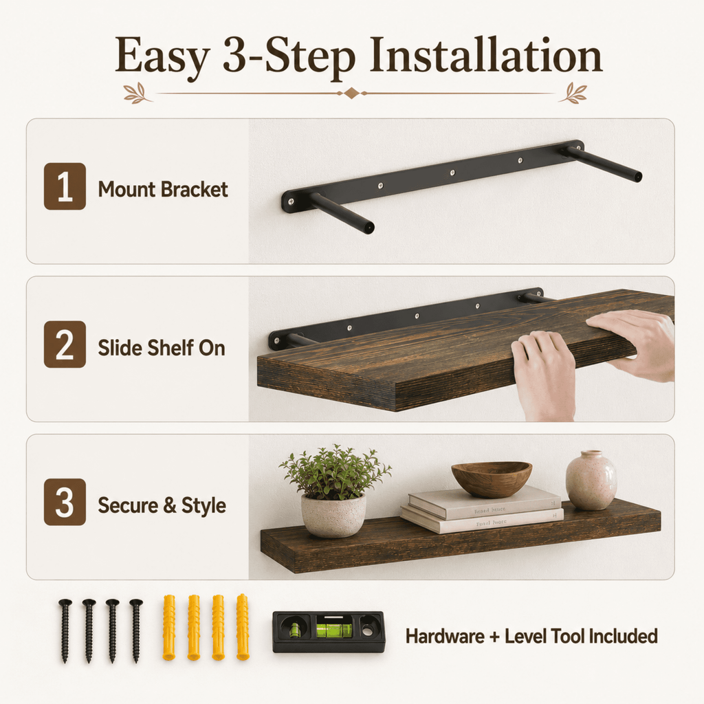 MEHOOM 36" Rustic Solid Wood Floating Shelves for Wall Set of 2, Brown Book Shelves,Wall Shelves for Bathroom,Bedroom,Living Room,Kitchen,Study Room, Kids Room, Farmhouse Decor