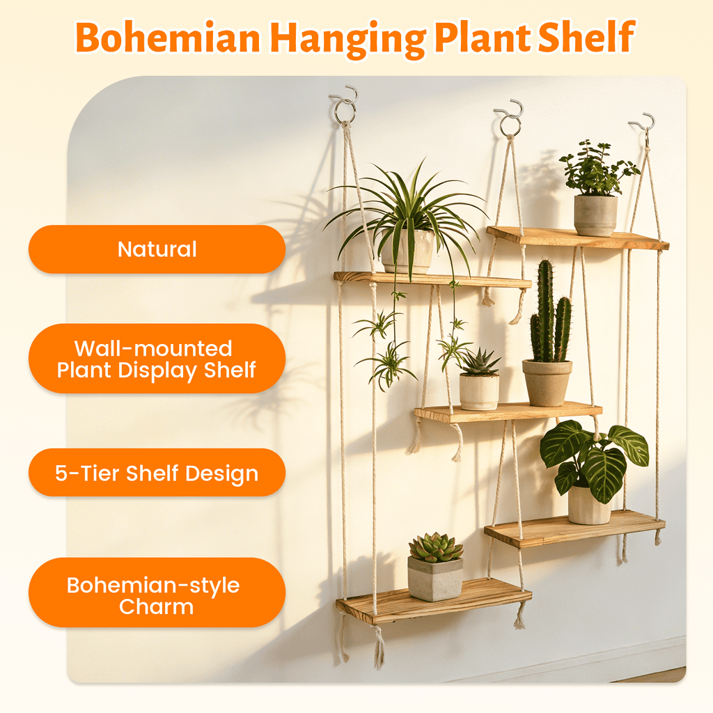 AMTPM Hanging Shelves for Wall, 5 Tier Boho Wall Decor Hanging Plant Shelf Floating Shelves Rope Rustic Wood Organizer Storage Hanger Rack for Aesthetic Home Bedroom Kitchen Bathroom