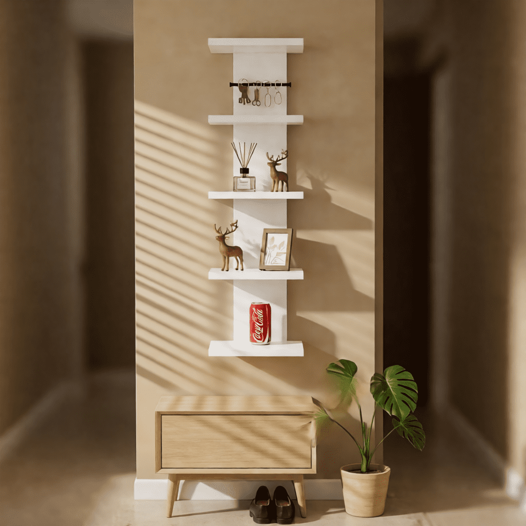5 Tier Asymmetric Floating Wall Shelf, White Modern Storage Organizer for Bedroom & Living Room
