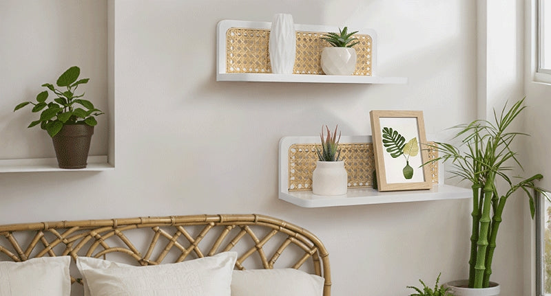 Sumgar Rattan Wall Shelf 16inch Set of 2, Handmade White Floating Shelves Boho Wall Decor, Rustic Wood Cute Wall Mounted Storage Shelves for Living Room Nursery Bedroom