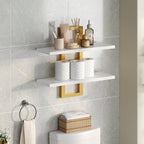 HOOBRO Floating Shelves, 15 Inch Wall Shelf Set of 2, Wall Mounted Storage Shelves 2-Tier, Hanging Bathroom Shelves, for Living Room, Bedroom, Bathroom, Kitchen, White and Gold DW32BJ01