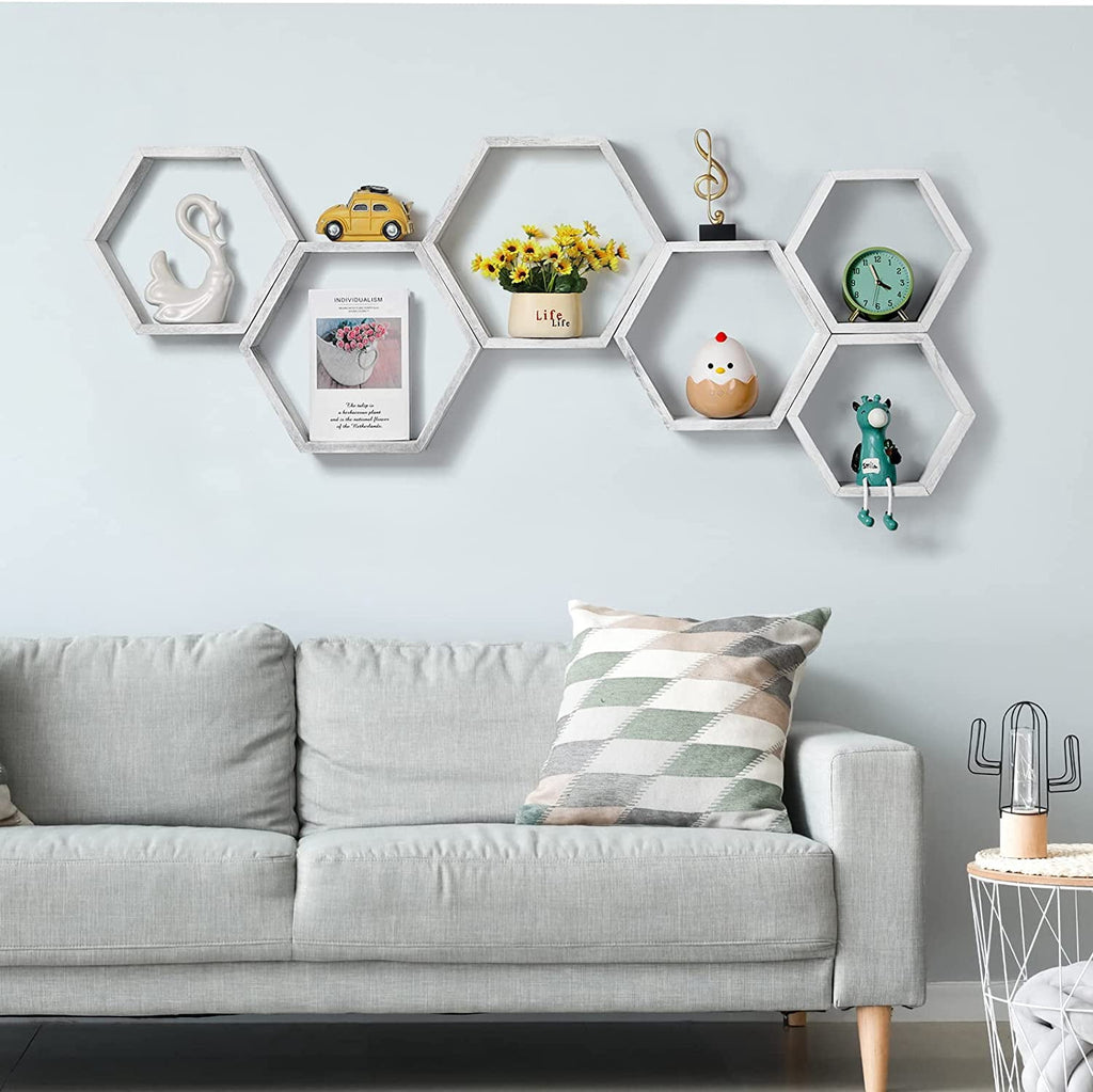Hexagon Floating Shelves Set of 6 Honeycomb Shelves for Wall, Gray White