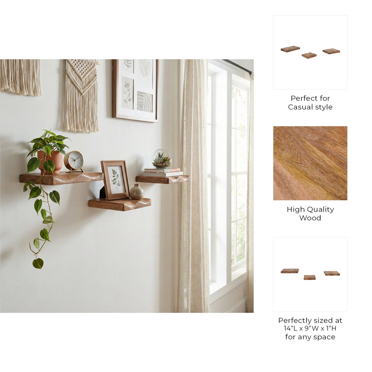 Rectangular Mango Wood Floating Shelf for Home Decor - Hanging Storage Organizer Shelves for Living Room, Office, and Entryway - Storage Organizer Accents for Study Room - Set of 3, 1", Brown