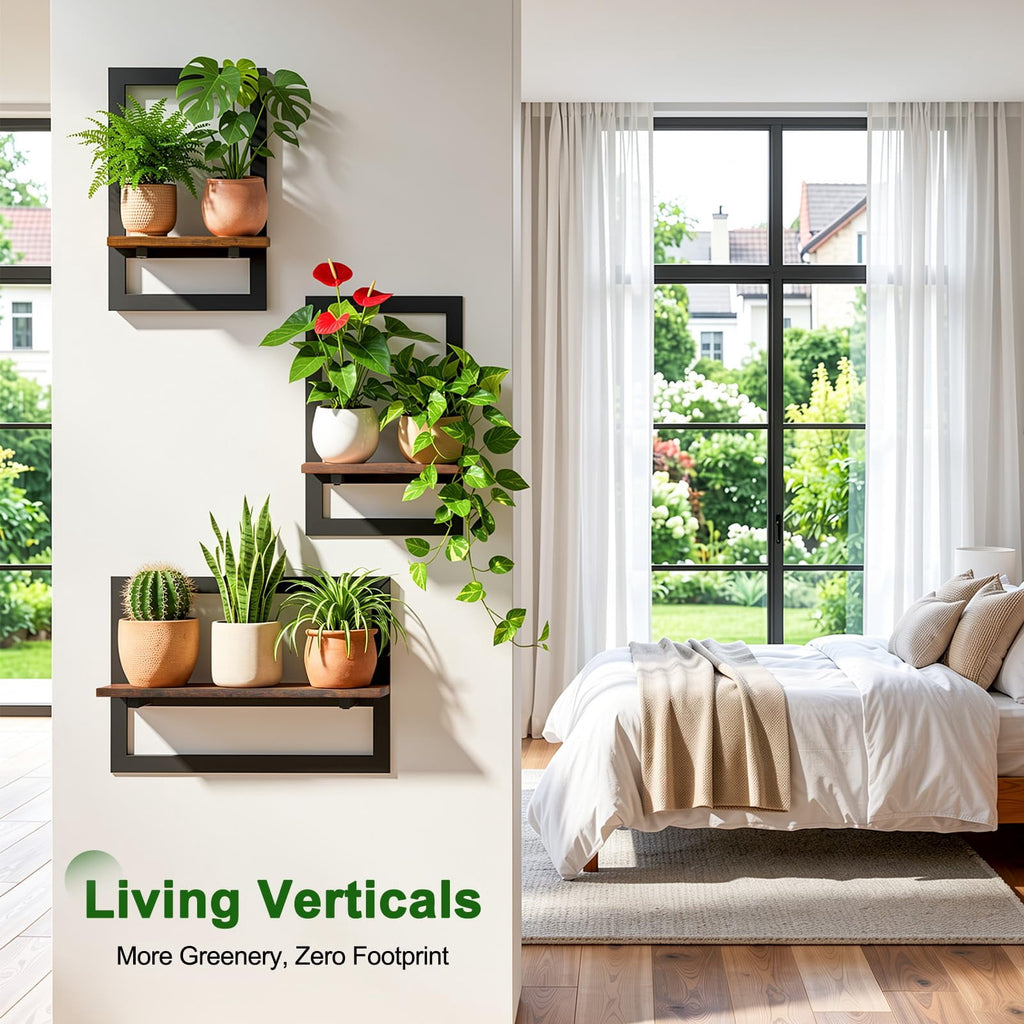 Housolution 3 Pack Floating Shelves for Wall Plant, Hanging Planter Shelf Holder for Indoor Plants, Space Saving Wall Mounted Decor for Living Room, Window, Apartment