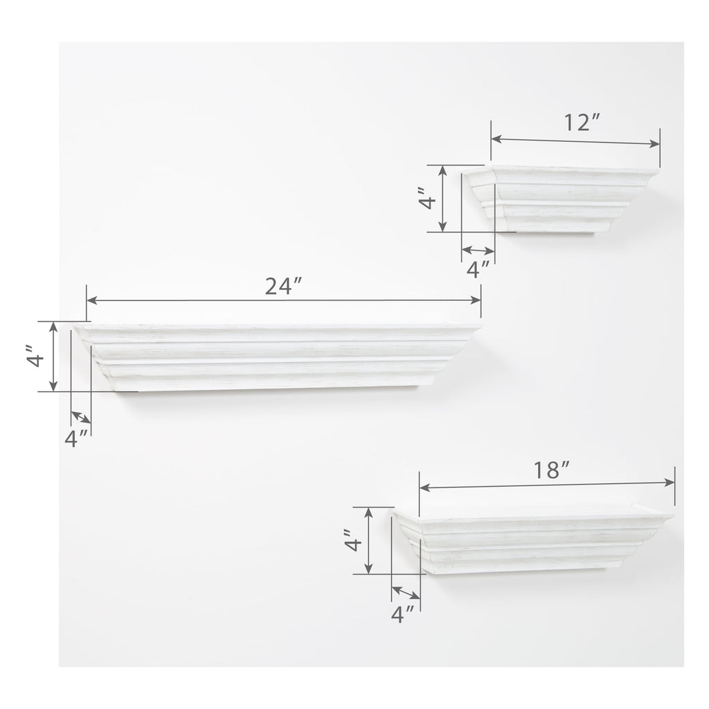Gallery Solutions Traditional Distressed White 3 Piece Floating Ledge Shelf Set