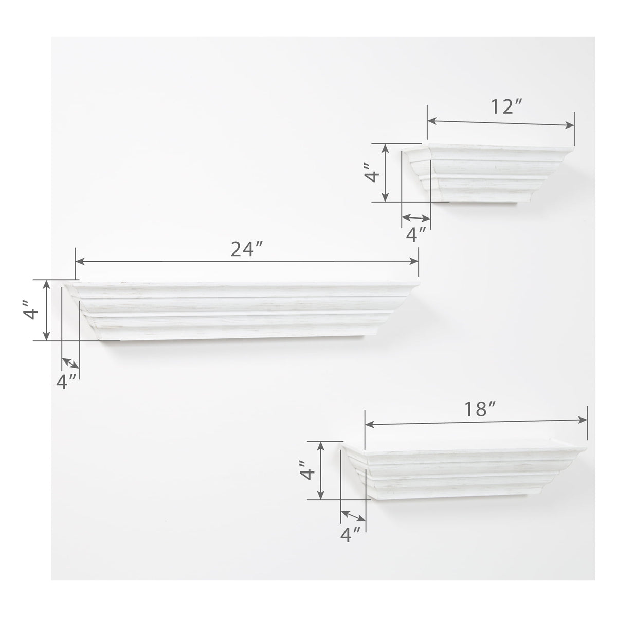 Gallery Solutions Traditional Distressed White 3 Piece Floating Ledge Shelf Set