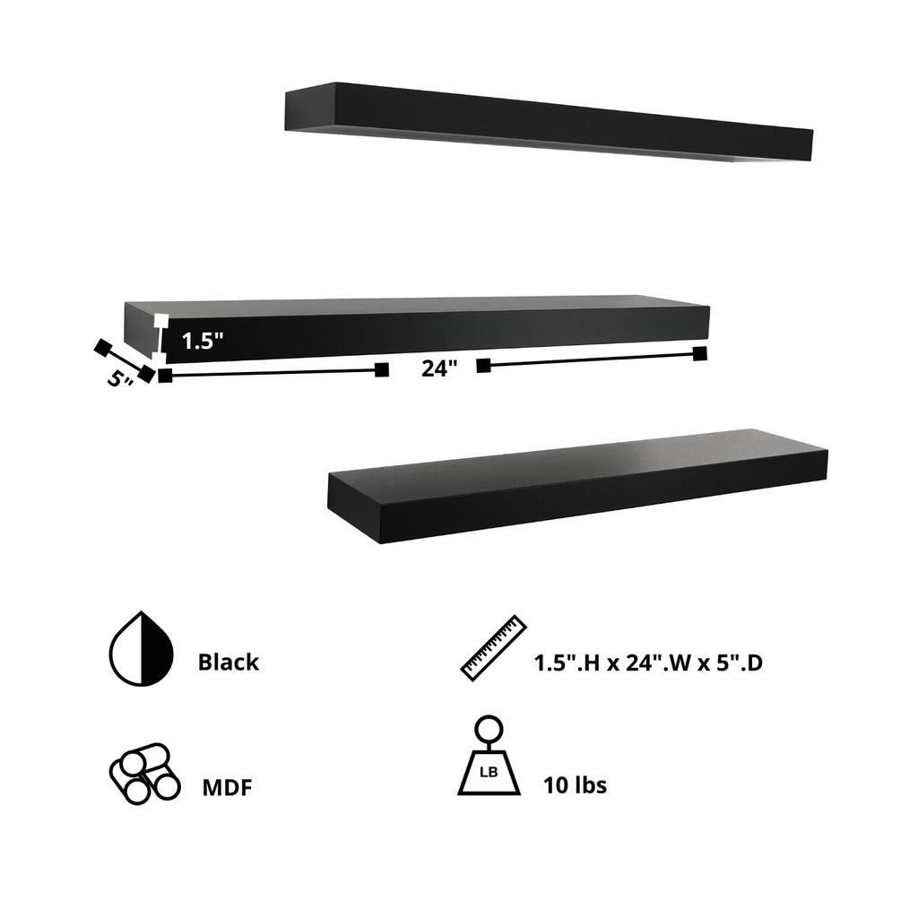 KG Stockholm Maine Floating Wall Shelf - Black, 24", Pack of 3