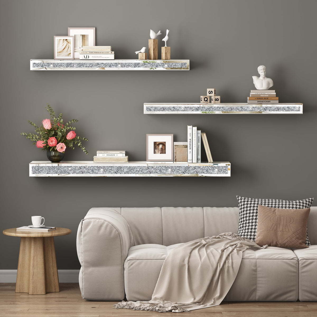 SHYFOY 48" Fireplace Mantel Mirrored Floating Shelf with Faux Diamond Inlay Accent Shelf for Wall Decor