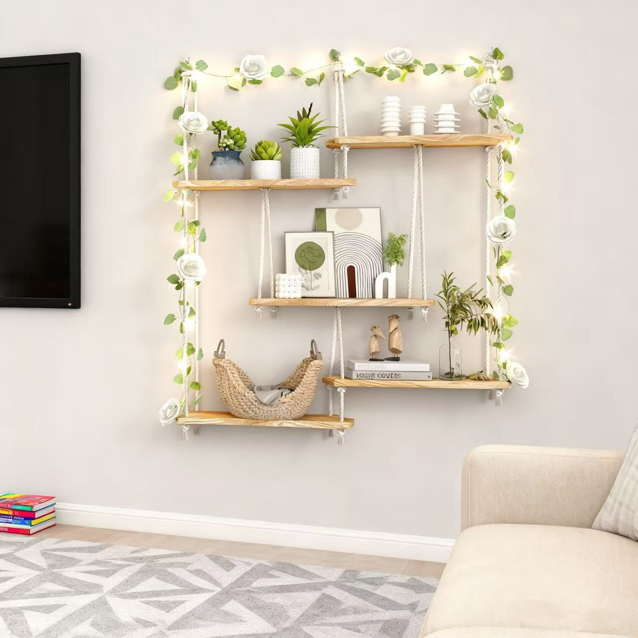 AMTPM Hanging Shelves for Wall, 5 Tier Boho Wall Decor Hanging Plant Shelf Floating Shelves Rope Rustic Wood Organizer Storage Hanger Rack for Aesthetic Home Bedroom Kitchen Bathroom
