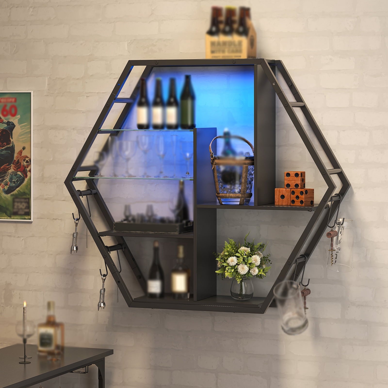 ModFurne LED Wall Shelves - Lighted Display Shelves With Extra Hooks For Gaming Rooms & Bars. Modern Black Floating Shelves With Built-In LED Lighting