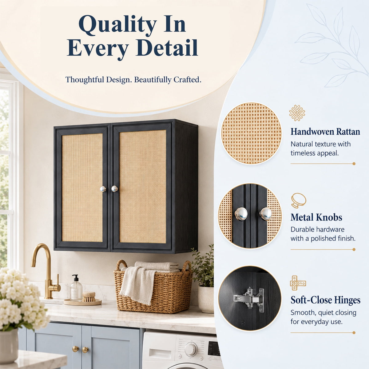 24"W Rattan Laundry Room Cabinets with Lights, Bathroom Cabinets Wall Mounted with Adjustable Shelves, Wall Cabinet for Bathroom/Kitchen/Bedroom (2PCS, Black)
