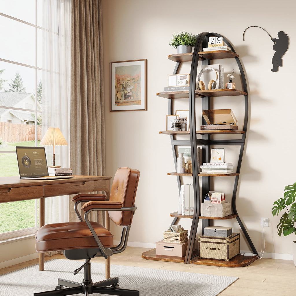 Vividwood Artistic Fish-Inspired Corner Shelf with LED Lights, 6-Tier Tall Corner Bookshelf with Multi-Depth Display, Space-Saving Storage Unit with Remote Control for Bedroom & Living Room