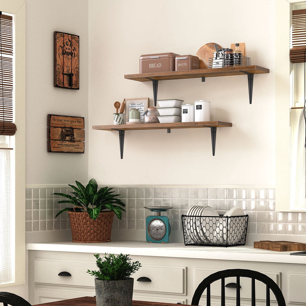 HOOBRO Set of 2 39.4-Inch Floating Wall Shelves with Metal Brackets, Rustic Brown