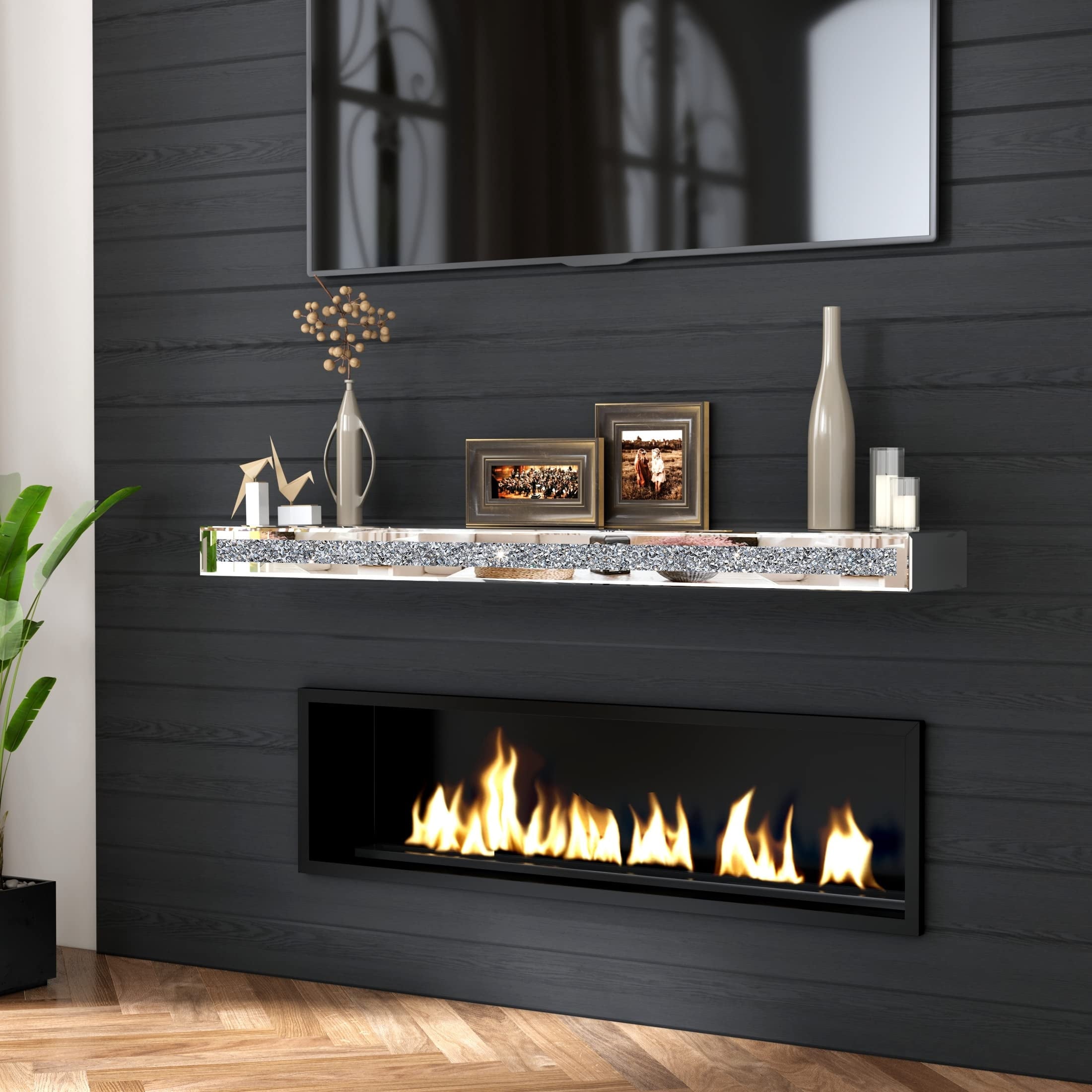 SHYFOY 48" Fireplace Mantel Mirrored Floating Shelf with Faux Diamond Inlay Accent Shelf for Wall Decor