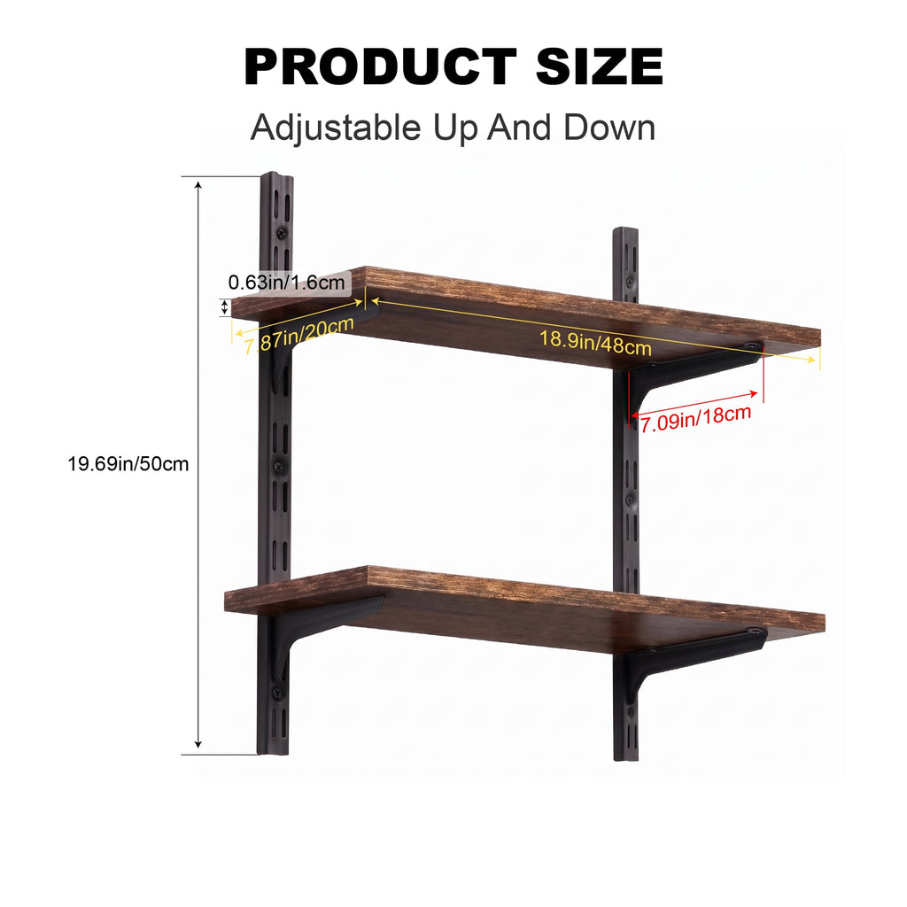 Mifurn 2-Tier Floating Shelves for Wall, 18.9" Adjustable Wall Track Wood Shelves, Rustic Brown