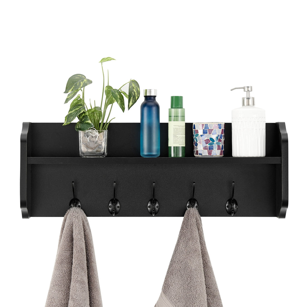 Entryway Floating Utility Wall Shelf with Hooks - Wall Mounted - Black