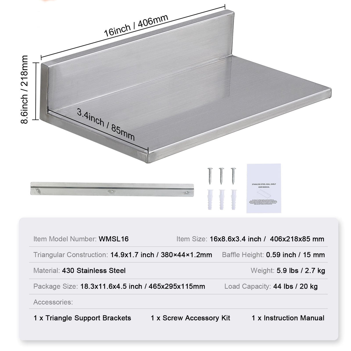 Wall-Mounted Stainless Steel Floating Shelf, 430 Stainless Steel, 44 lbs Capacity, L-Shape Design, for Kitchen Bedroom Garage