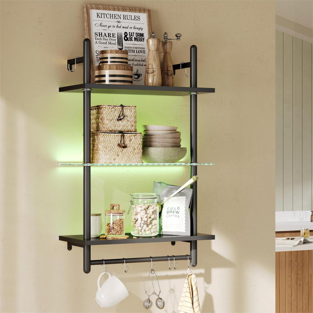 Bestier 23" Floating Shelves for Wall with LED Light 3-Tier Wall-Mounted Wood Shelves with 8 S-Hooks, Black Carbon Fiber