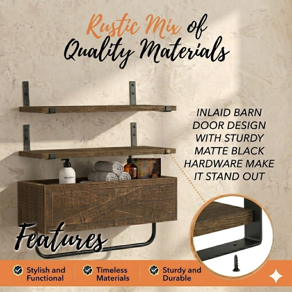Autumn Alley Rustic Farmhouse Bathroom Shelves Wall Mounted – Industrial Floating Shelves for Bathroom With Towel Bar – Stunning Inlaid Wood Design, Above Toilet Shelves Rustic Towel Rack