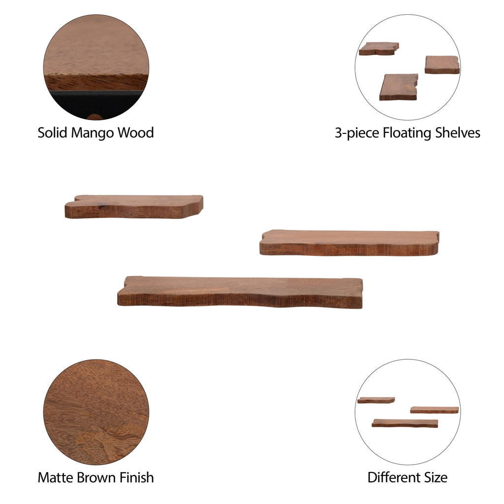 Mango Wood Floating Shelves for Living Room Decor - Modern Wall Display for Entryway - Storage Shelves for Bedroom - Set of 3, 18", Brown