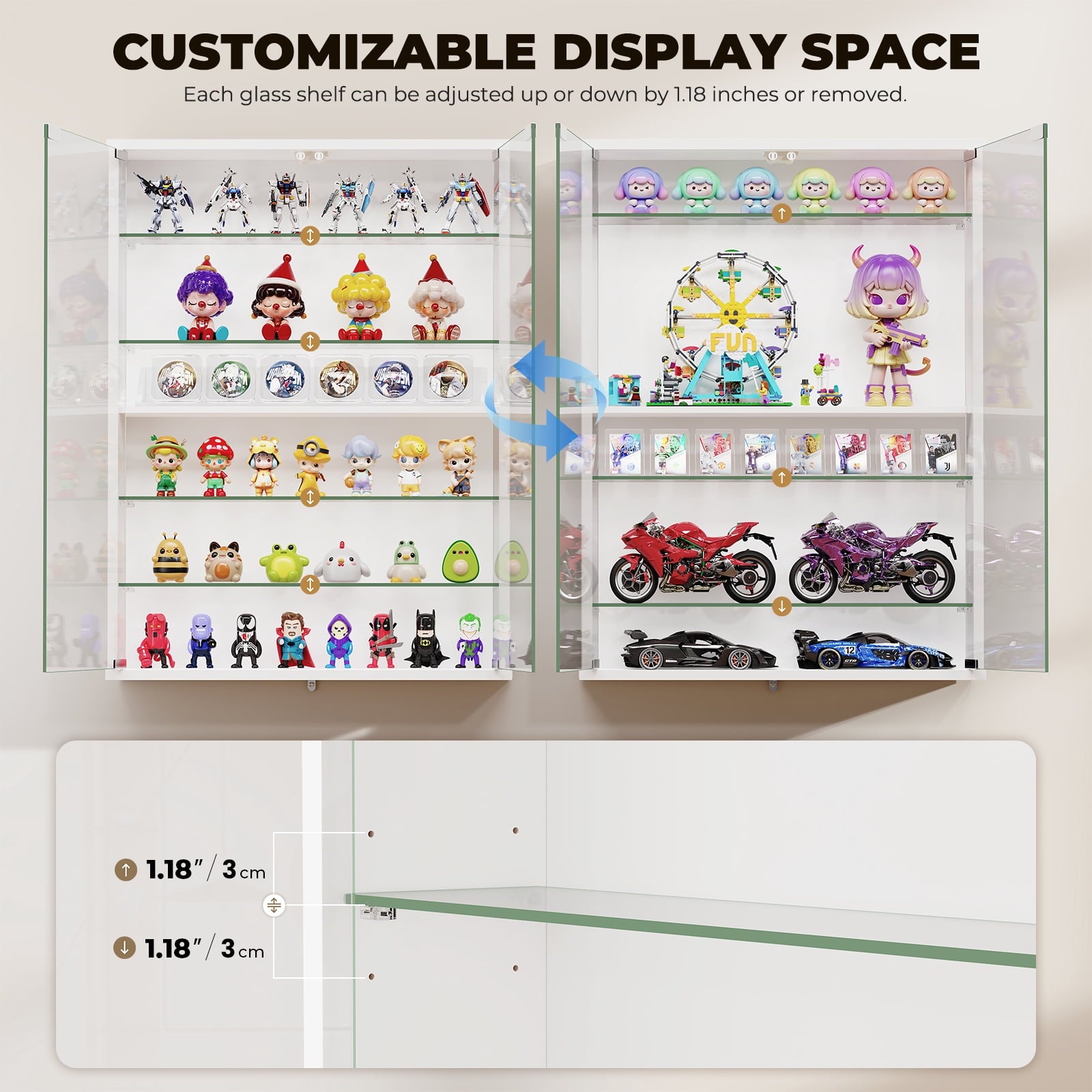 BROTTAR 6-Tier Wall Display Case with Glass Doors, LED Display Cabinet with Adjustable Glass Shelves, Display Case for Collectibles, White