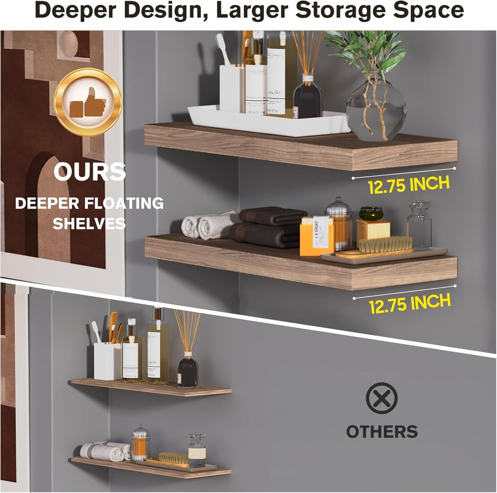 Dumekko Large Floating Shelves for Wall Set of 2 Wooden Wall Shelves 30 in x 12.75 in x 2 in Room Decor Long Shelf with Invisible Wall Mount Bracket for Bedroom, Kitchen, Living Room, Walnut