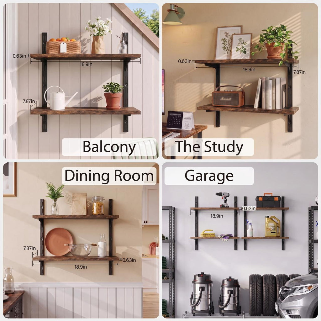 Mifurn 2-Tier Floating Shelves for Wall, 18.9" Adjustable Wall Track Wood Shelves, Rustic Brown