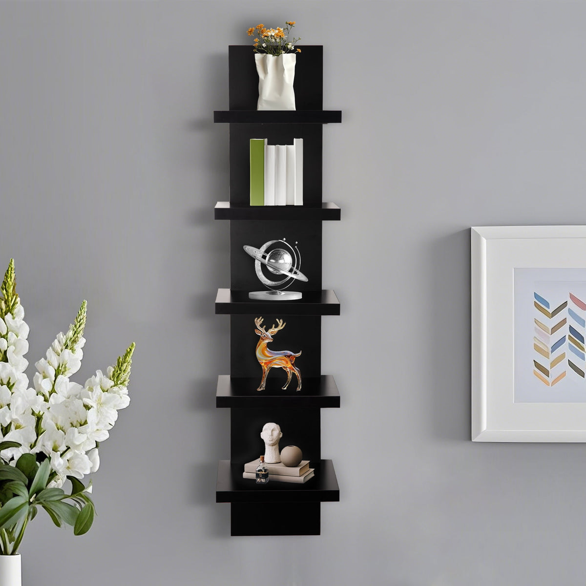 5 Tier Wall Shelf Unit, Black Wall Shelf, Multifunctional Display Floating Shelf, Bedroom and Home Decor Organizer