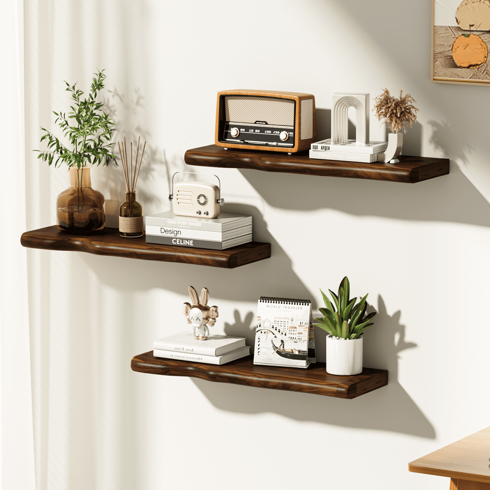 Lipa 24 Inch 2 Pack Floating Shelves for Wall,Farmhouse Live Edge Shelf,Living Room Bedroom Kitchen,Walnut