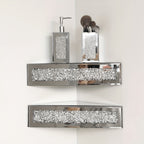 Mirrored Floating Corner Shelf Set of 2 - 14.96" Triangle Silver Mirror Crushed Diamond Wall Shelves for Home Decor, Crystal Diamond Art Deco Display for Living Room, Bedroom - 90°Right Angle Only