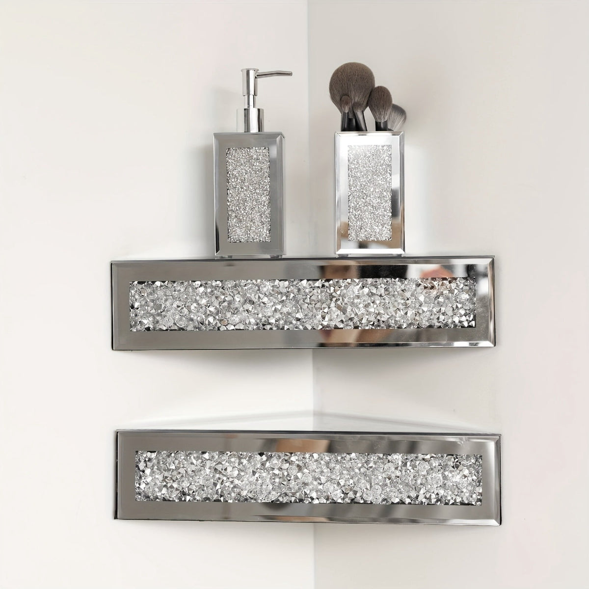 Mirrored Floating Corner Shelf Set of 2 - 14.96" Triangle Silver Mirror Crushed Diamond Wall Shelves for Home Decor, Crystal Diamond Art Deco Display for Living Room, Bedroom - 90°Right Angle Only