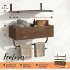 Autumn Alley Rustic Farmhouse Bathroom Shelves Wall Mounted – Industrial Floating Shelves for Bathroom With Towel Bar – Stunning Inlaid Wood Design, Above Toilet Shelves Rustic Towel Rack