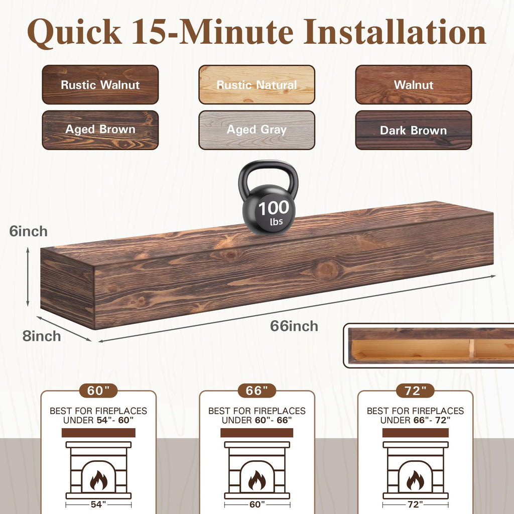 66 Inch Floating Fireplace Mantel Shelf, Handcrafted Solid Pine Wood Mantel with Invisible Heavy Duty Brackets, American Brown Wall Mounted Shelf for Over Fireplace Décor