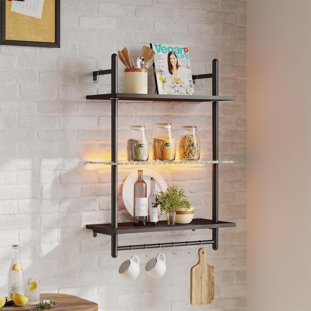 Bestier 23" Floating Shelves for Wall with LED Light 3-Tier Wall-Mounted Wood Shelves with 8 S-Hooks, Black Carbon Fiber