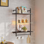 Bestier 23" Floating Shelves for Wall with LED Light 3-Tier Wall-Mounted Wood Shelves with 8 S-Hooks, Black Carbon Fiber