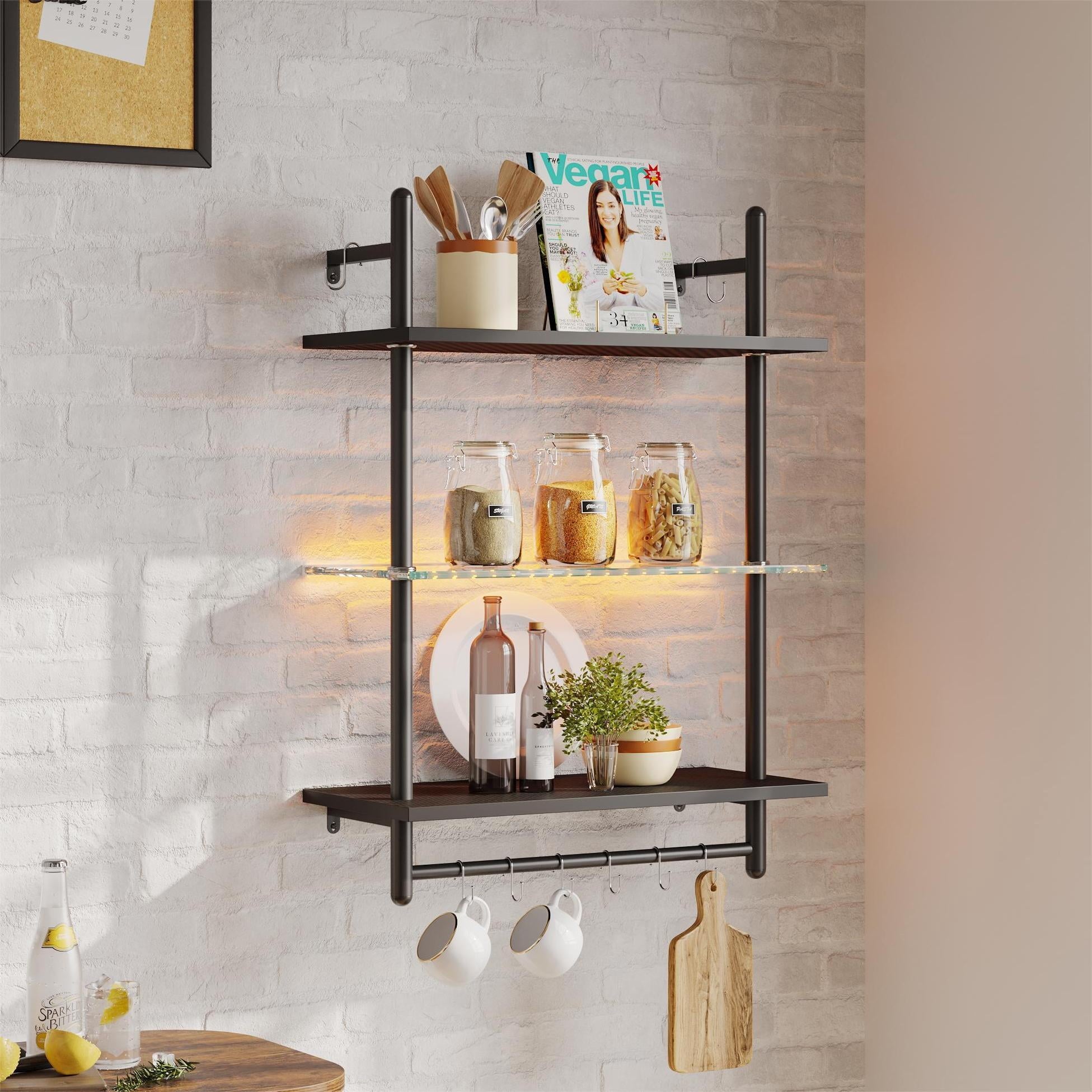 Bestier 23" Floating Shelves for Wall with LED Light 3-Tier Wall-Mounted Wood Shelves with 8 S-Hooks, Black Carbon Fiber