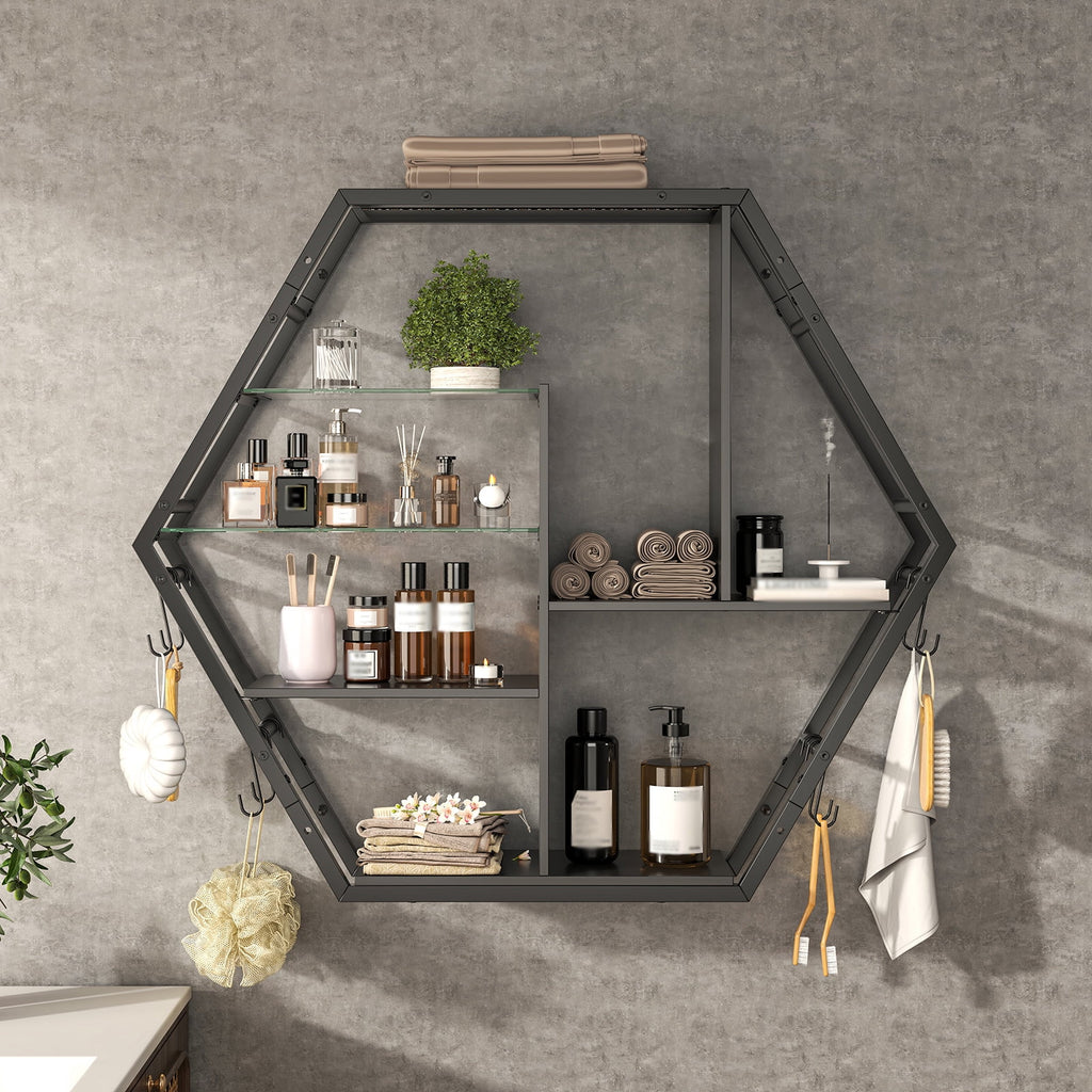 ModFurne LED Wall Shelves - Lighted Display Shelves With Extra Hooks For Gaming Rooms & Bars. Modern Black Floating Shelves With Built-In LED Lighting