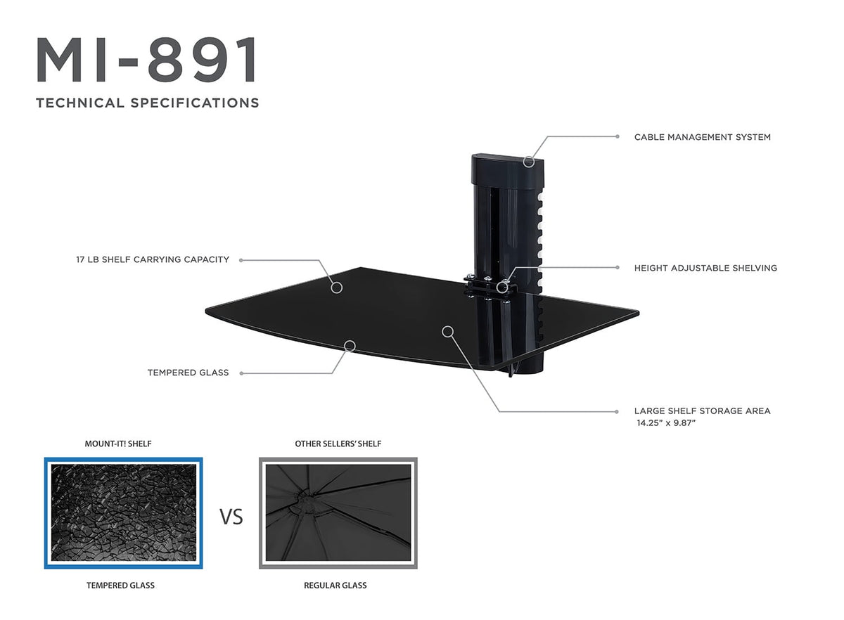 Mount-It! Floating Wall Mounted Shelf Bracket Stand 1 Shelf Tinted Tempered Glass Black