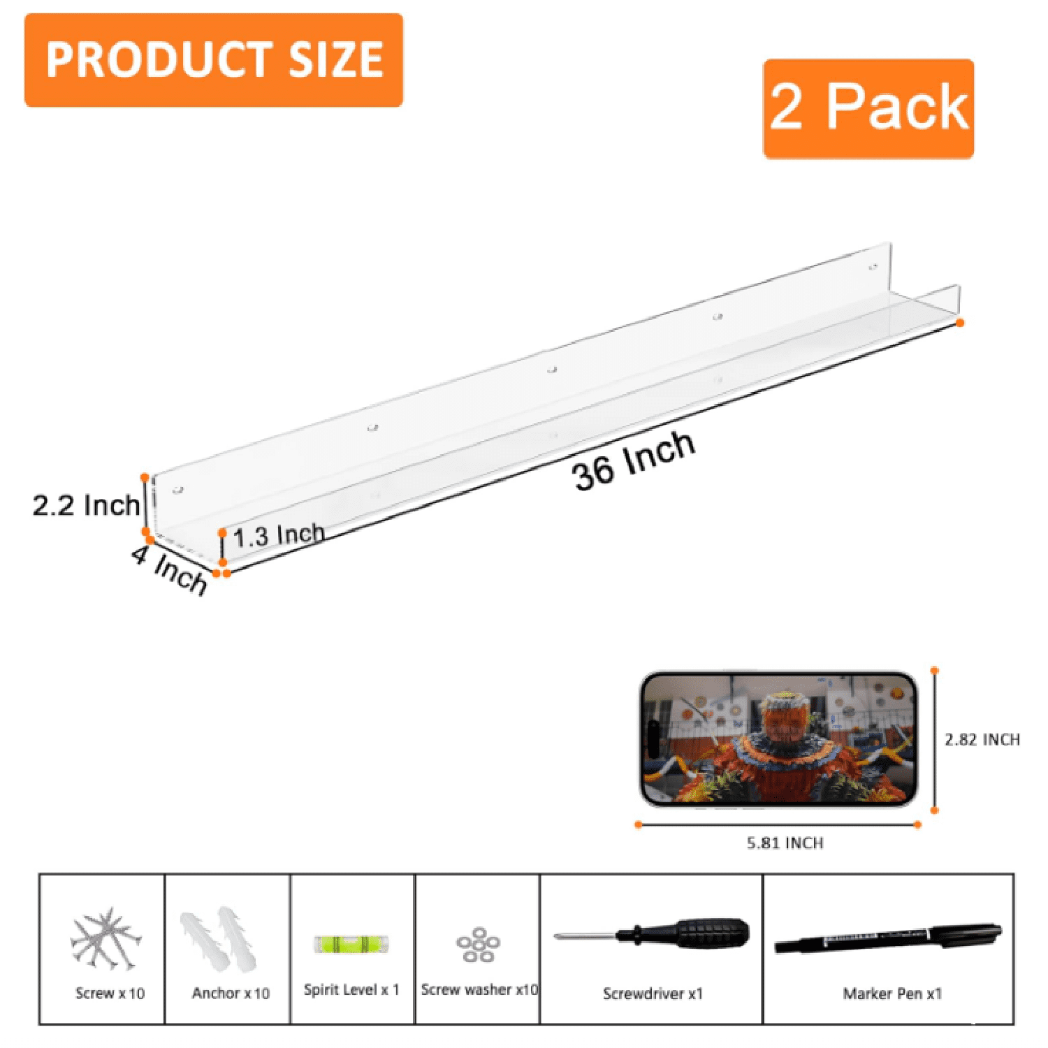 36'' Clear Acrylic Wall Long Shelf 2 Pack, Acrylic Floating Book Shelves, Wall Mounting Invisible Ledge Book Shelf