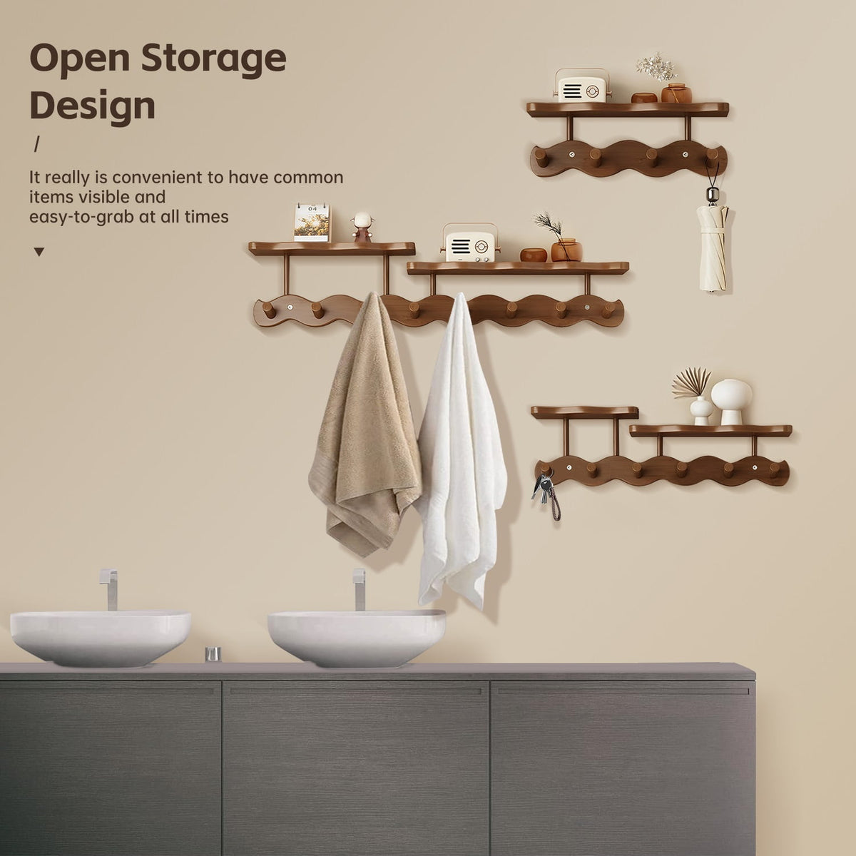 Floating Shelves with Hooks,Coat Rack Shelf Wall Mounted,Wood Coat Rack,for Bedroom, Living Room, Bathroom, Kitchen, Picture Ledge,with 8 Hooks