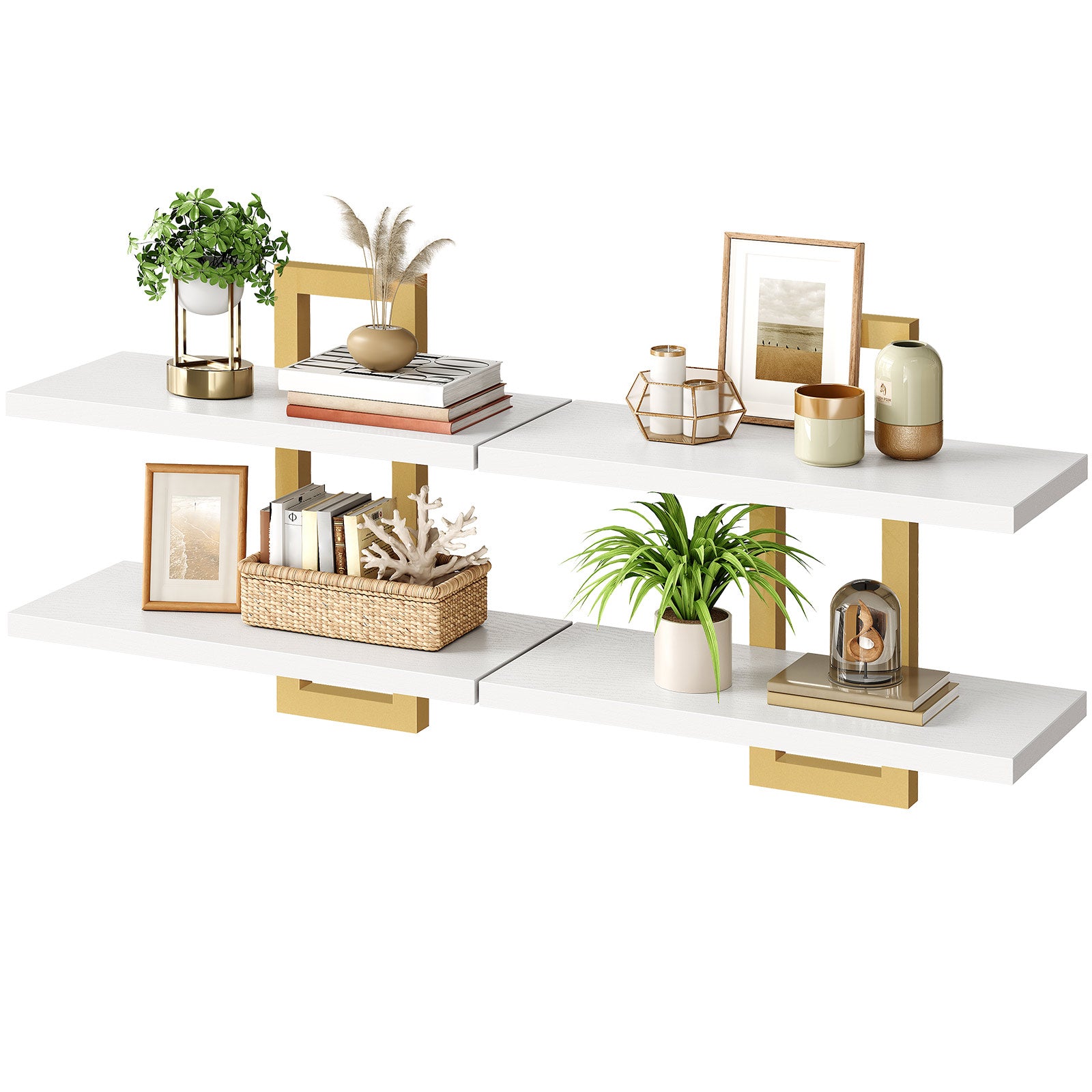 HOOBRO Floating Shelves, 15 Inch Wall Shelf Set of 2, Wall Mounted Storage Shelves 2-Tier, Hanging Bathroom Shelves, for Living Room, Bedroom, Bathroom, Kitchen, White and Gold DW32BJ01