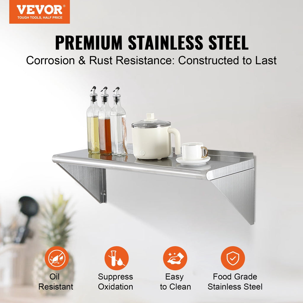 VEVOR 12" x 36" Stainless Steel Shelf, Wall Mounted Floating Shelving with Brackets, 250 lbs Load Capacity Commercial Shelves, Heavy Duty Storage Rack for Restaurant, Kitchen, Bar, Home, and Hotel