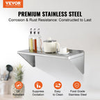 VEVOR 12" x 36" Stainless Steel Shelf, Wall Mounted Floating Shelving with Brackets, 250 lbs Load Capacity Commercial Shelves, Heavy Duty Storage Rack for Restaurant, Kitchen, Bar, Home, and Hotel