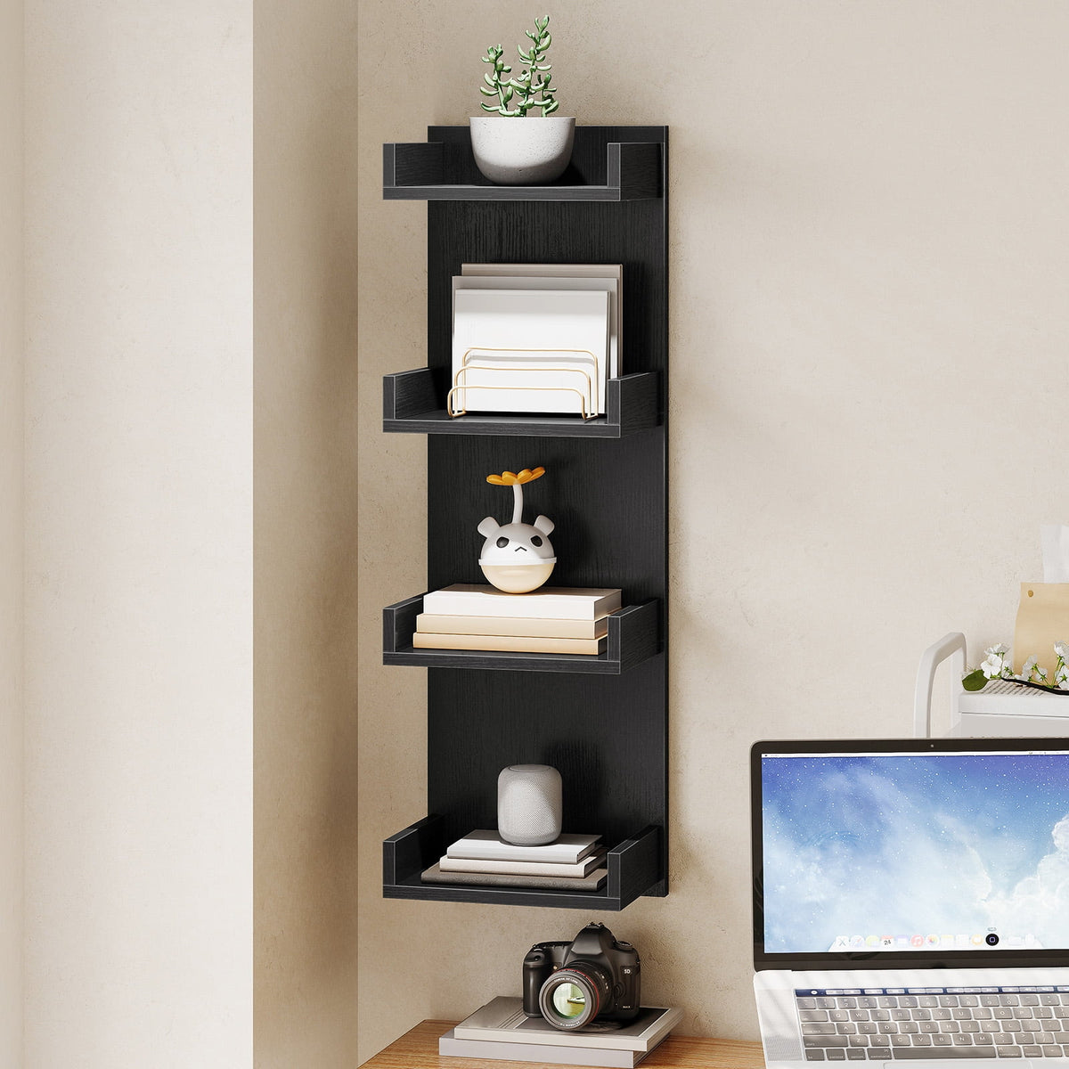 HOOBRO Vertical 4-Tier LED Floating Wall Shelves, Black