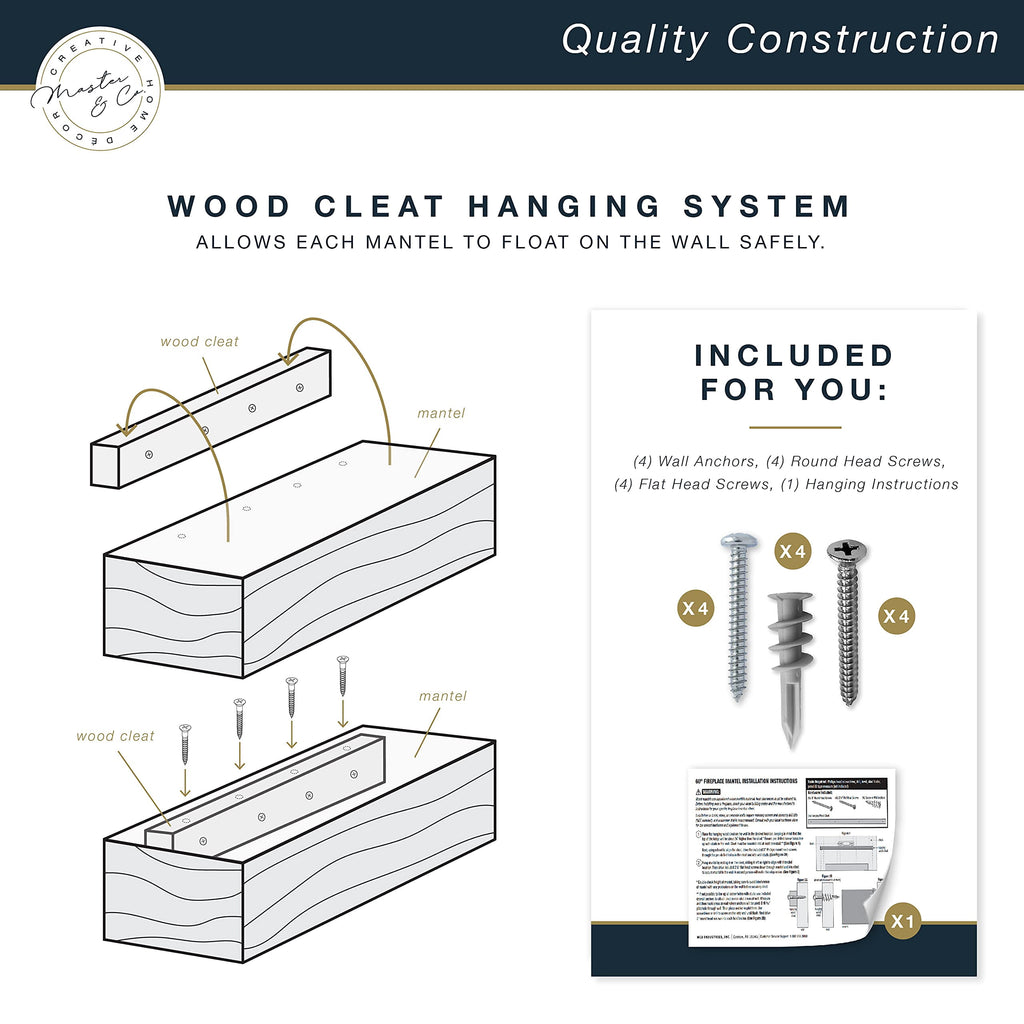 MCS 60-Inch Mantel, Master & Co Antique Natural Finish Solid Wood Floating Fireplace Mantel, Long Floating Shelf for Livingroom with Wood Cleat Hanging System, Photo and Home Decor Display Shelf