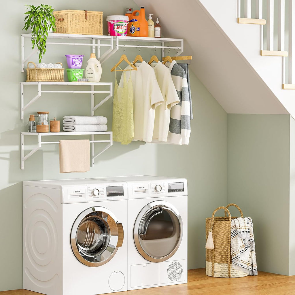 2 Pack Expandable Laundry Room Shelves with Hanging Rod, Over Washer and Dryer Shelves, Wall Mounted Metal Shelving, Utility Floating Wall Shelf for Laundry Closet Organizers and Storage