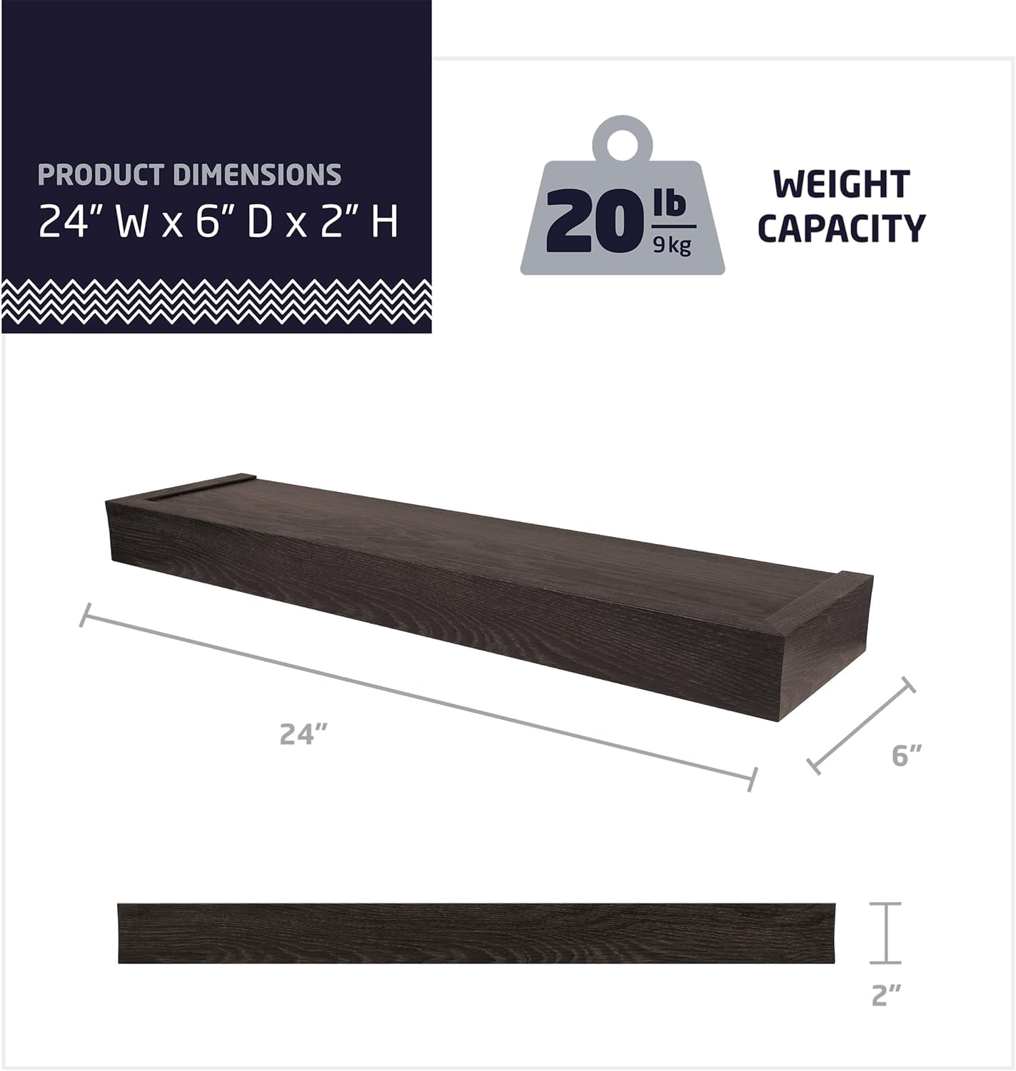 HIGH & MIGHTY Modern 24" Floating Shelf Holds up to 20 lbs, Easy Tool-Free Dry Wall Installation, Flat, Espresso | 515659