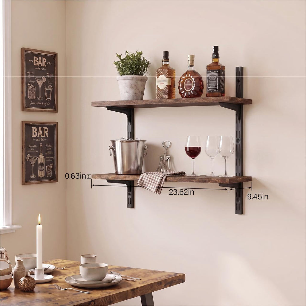 Mifurn 2-Tier Floating Shelves for Wall, 18.9" Adjustable Wall Track Wood Shelves, Rustic Brown