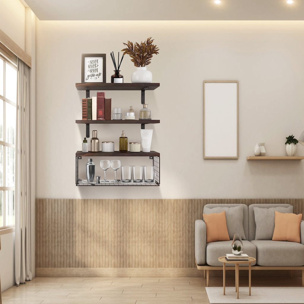 Rustic Floating Shelves, Moclever 2.75lbs Wall Mount Wooden Bathroom Floating Shelves with Basket