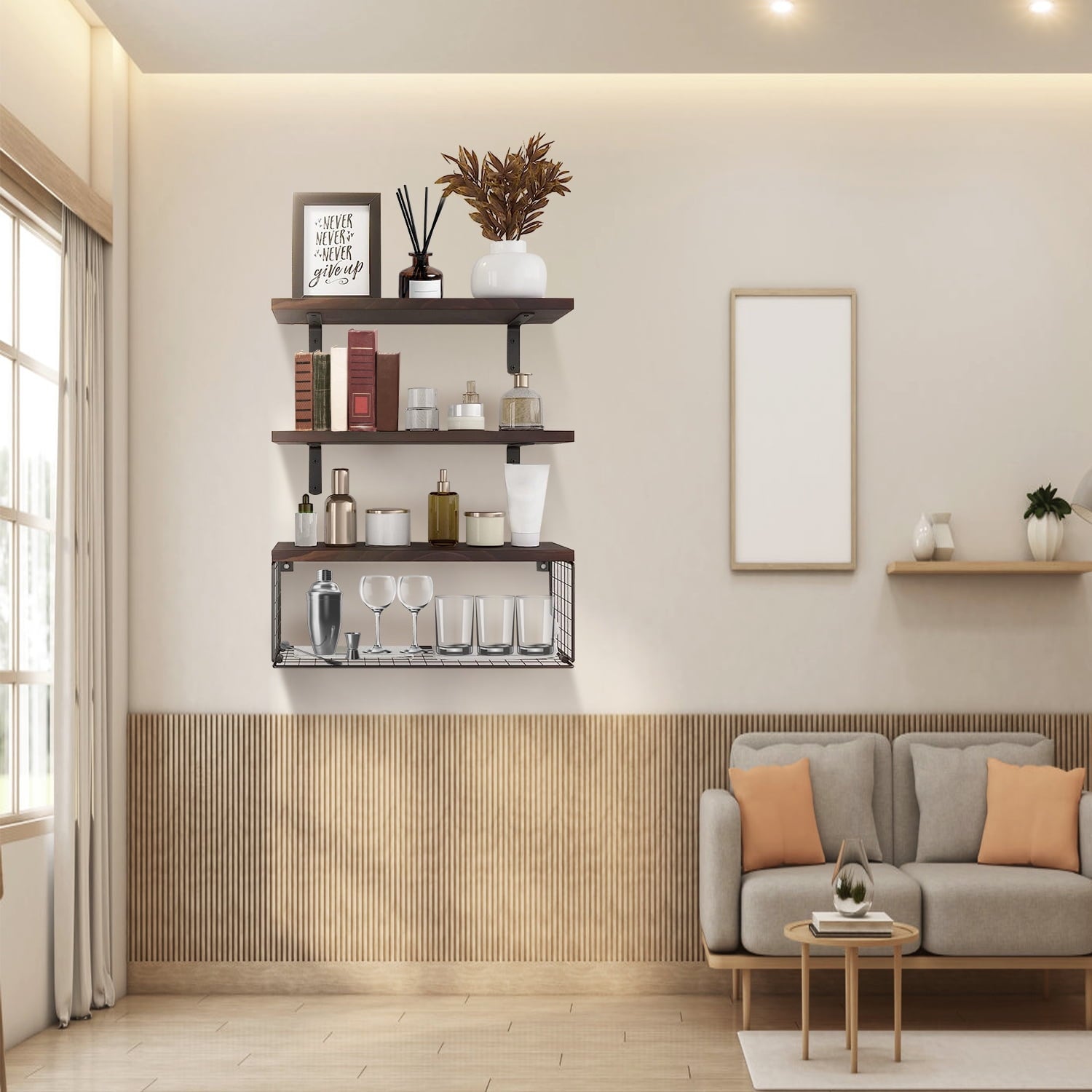 Rustic Floating Shelves, Moclever 2.75lbs Wall Mount Wooden Bathroom Floating Shelves with Basket